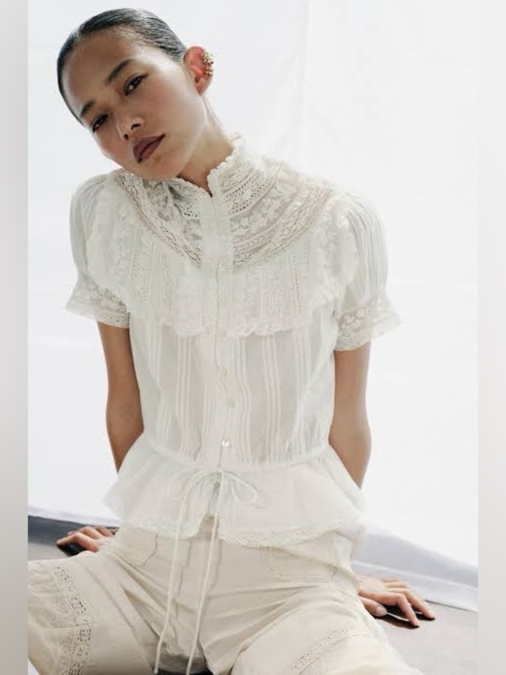 Zara Embroidered Lace Pleated Blouse